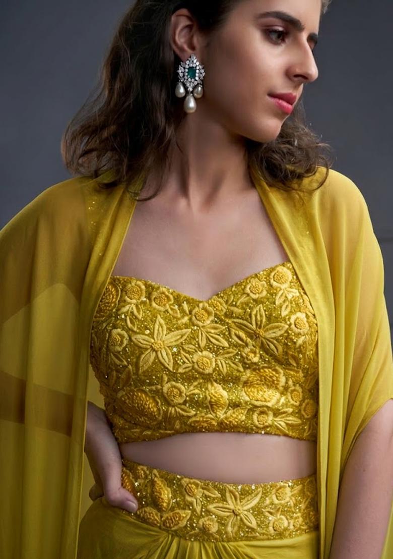 Olive Grey Crepe Embroidered Handwork Fusion Set - Indya