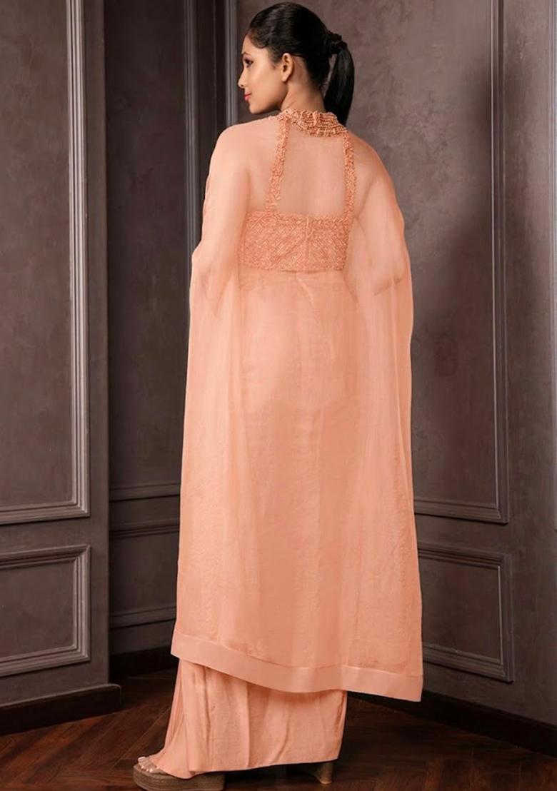 Peach Beige Satin Embellished Handwork Fusion Set - Indya