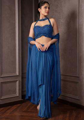 Blue Satin Embellished Handwork Fusion Set