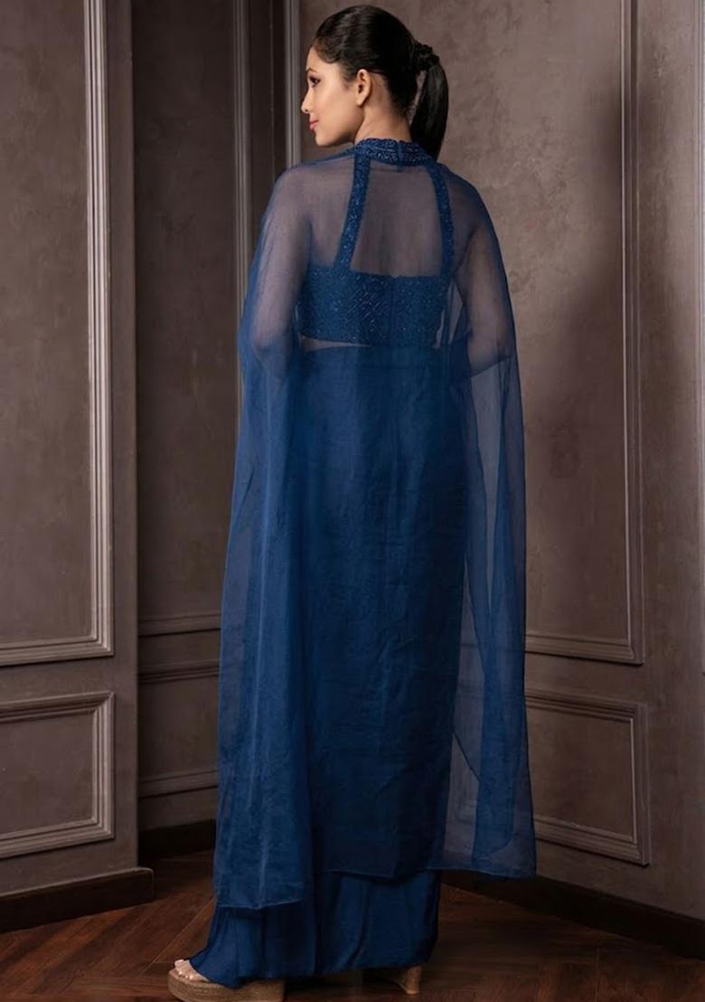 Blue Satin Embellished Handwork Fusion Set - Indya