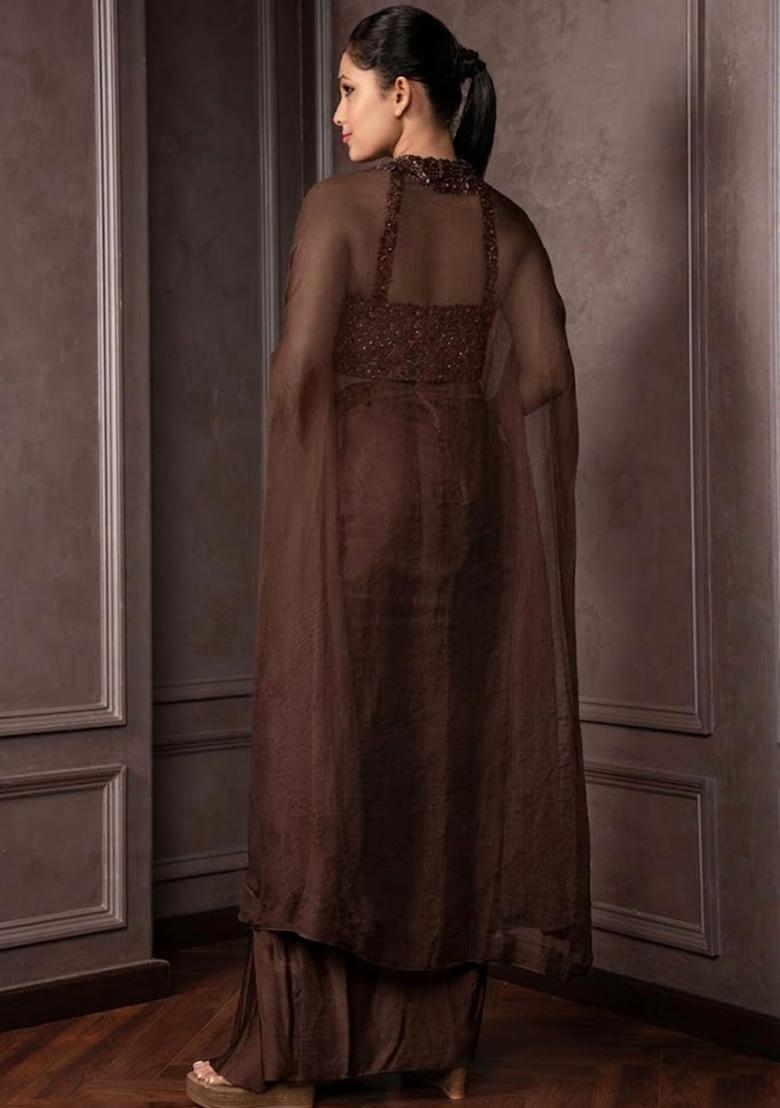 Fudge Brown Satin Embellished Handwork Fusion Set - Indya