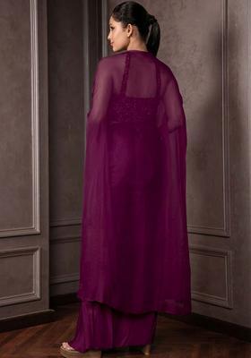 Plum Purple Satin Embellished Handwork Fusion Set