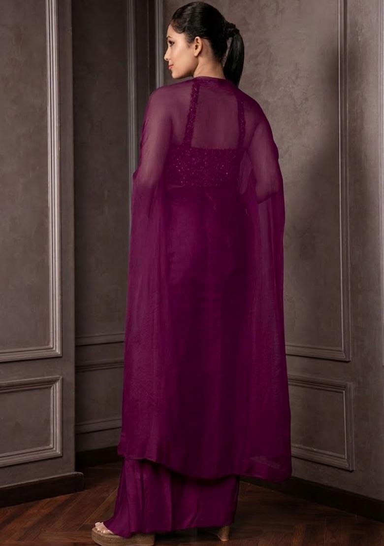 Plum Purple Satin Embellished Handwork Fusion Set - Indya
