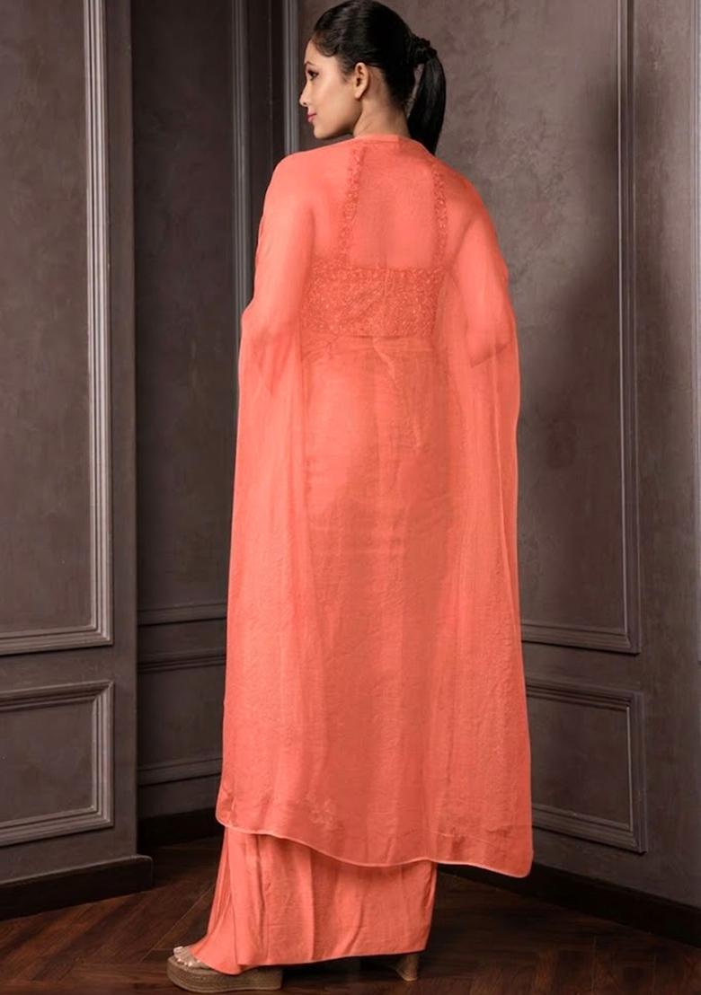 Salmon Pink Satin Embellished Handwork Fusion Set - Indya