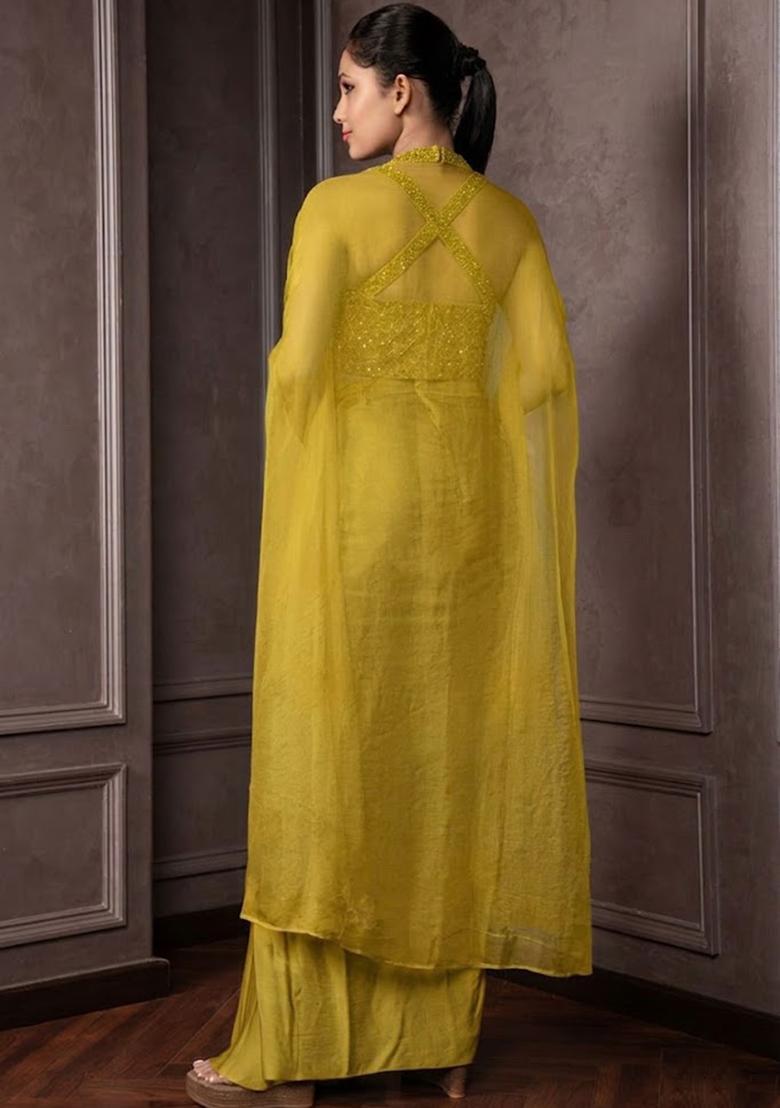 Olive Grey Satin Embellished Handwork Fusion Set - Indya