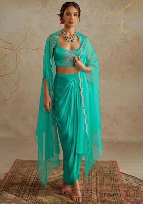 Aqua Green Satin Embellished Handwork Fusion Set