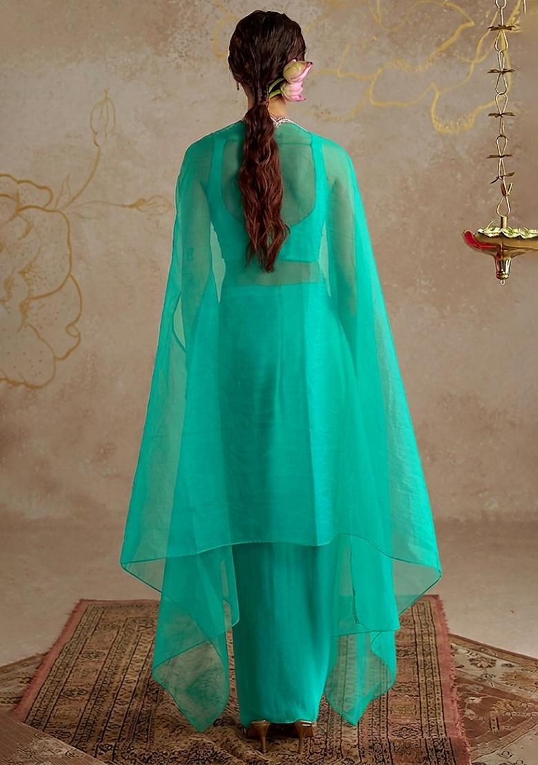 Aqua Green Satin Embellished Handwork Fusion Set - Indya