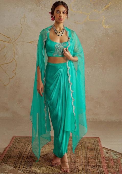 Aqua Green Satin Embellished Handwork Fusion Set