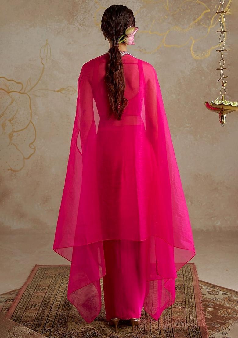 Fuchsia Pink Satin Embellished Handwork Fusion Set - Indya