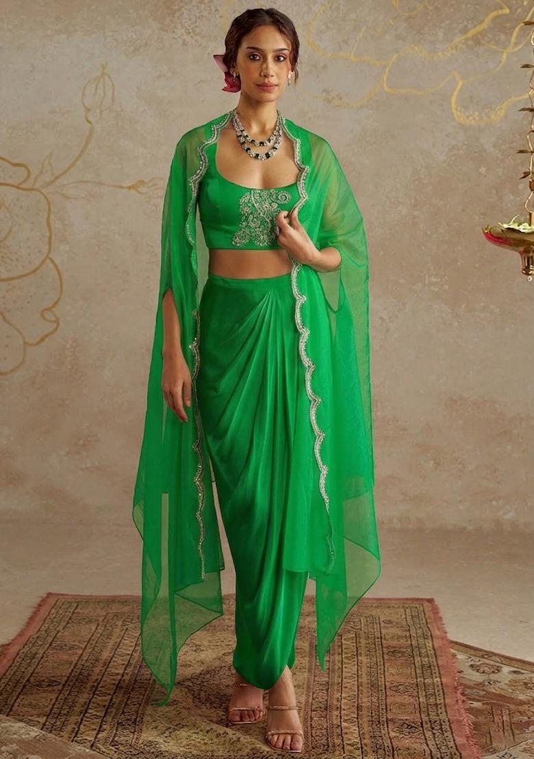 Green Satin Embellished Handwork Fusion Set - Indya