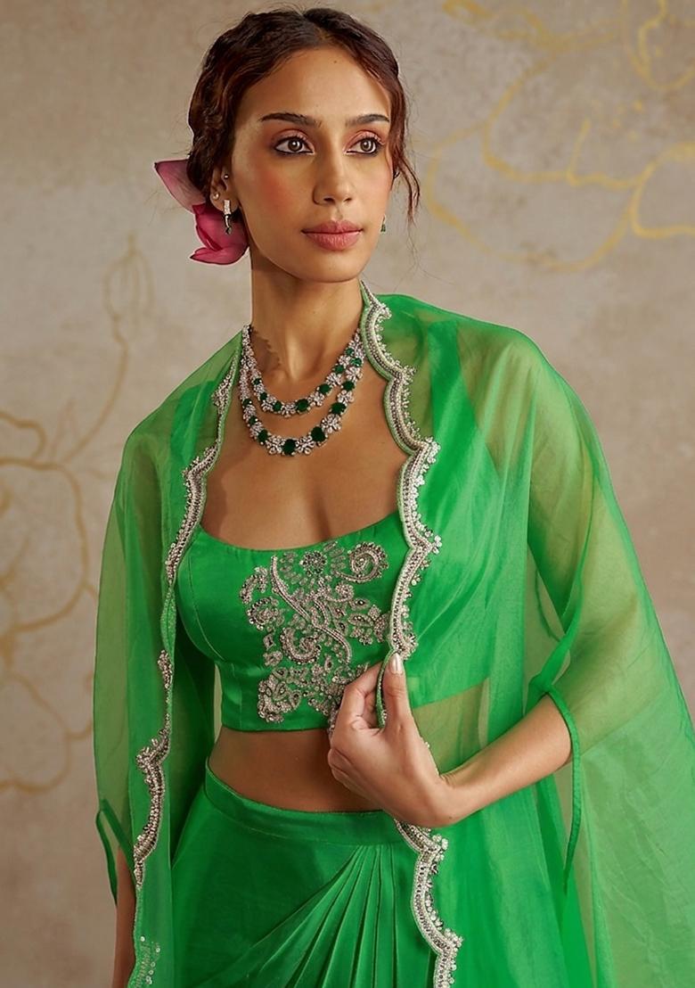 Green Satin Embellished Handwork Fusion Set - Indya