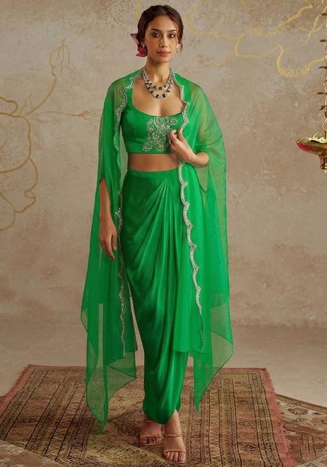 Green Satin Embellished Handwork Fusion Set
