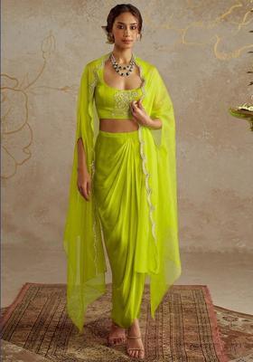 Neon Lime Satin Embellished Handwork Fusion Set