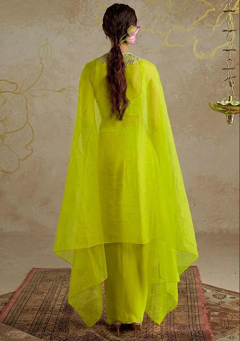 Neon Lime Satin Embellished Handwork Fusion Set - Indya