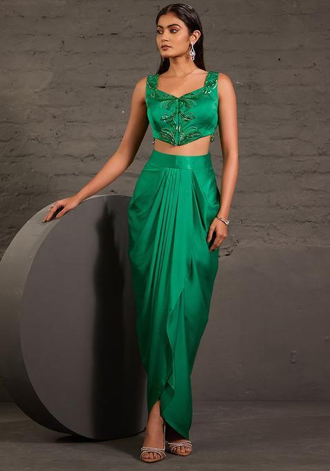 Green Satin Embellished Handwork Fusion Set