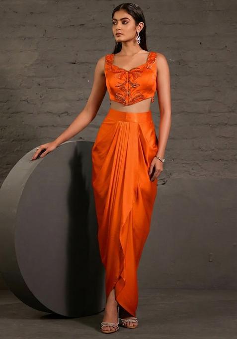 Orange Satin Embellished Handwork Fusion Set