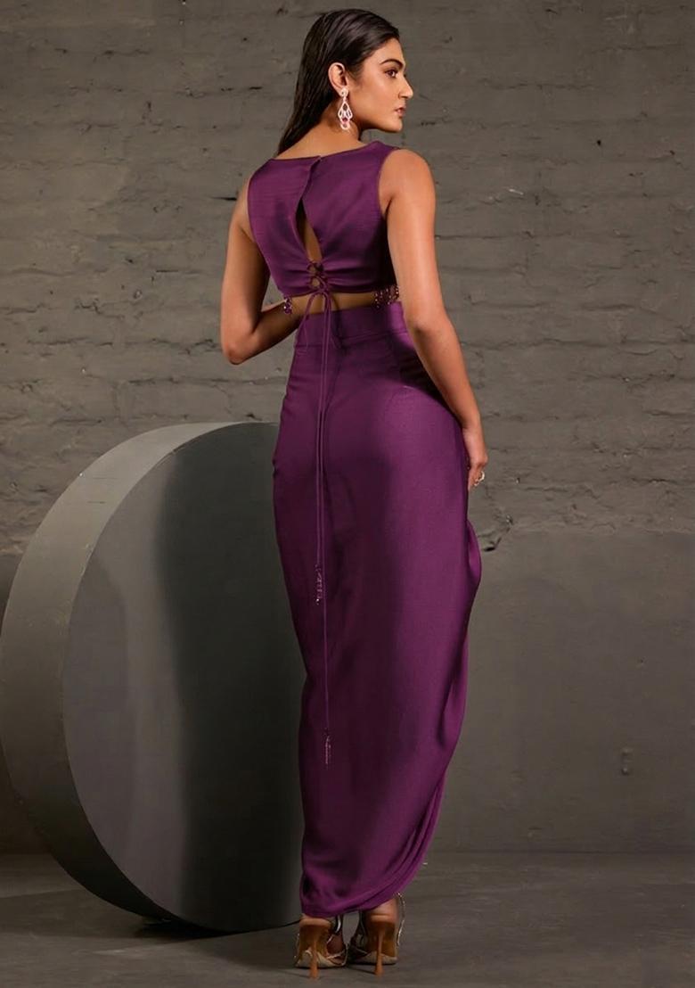 Plum Purple Satin Embellished Handwork Fusion Set - Indya