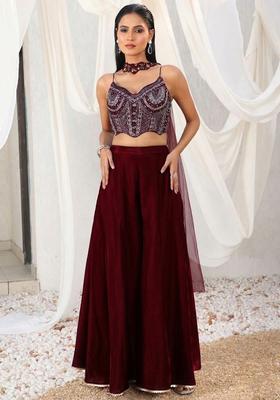 Wine Red Crepe Embellished Handwork Fusion Set