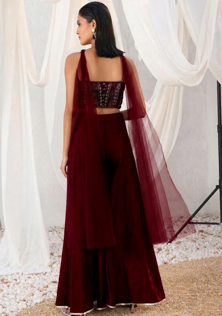 Wine Red Crepe Embellished Handwork Fusion Set - Indya