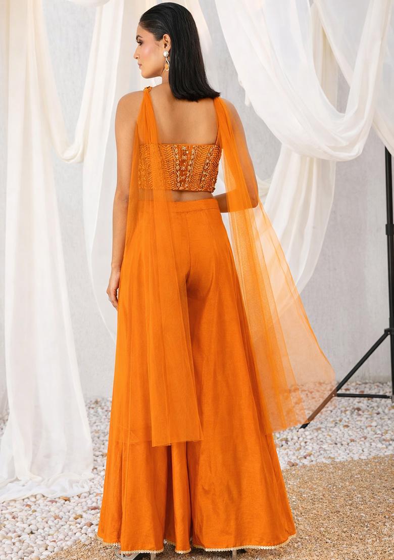 Brown Crepe Embellished Handwork Fusion Set - Indya