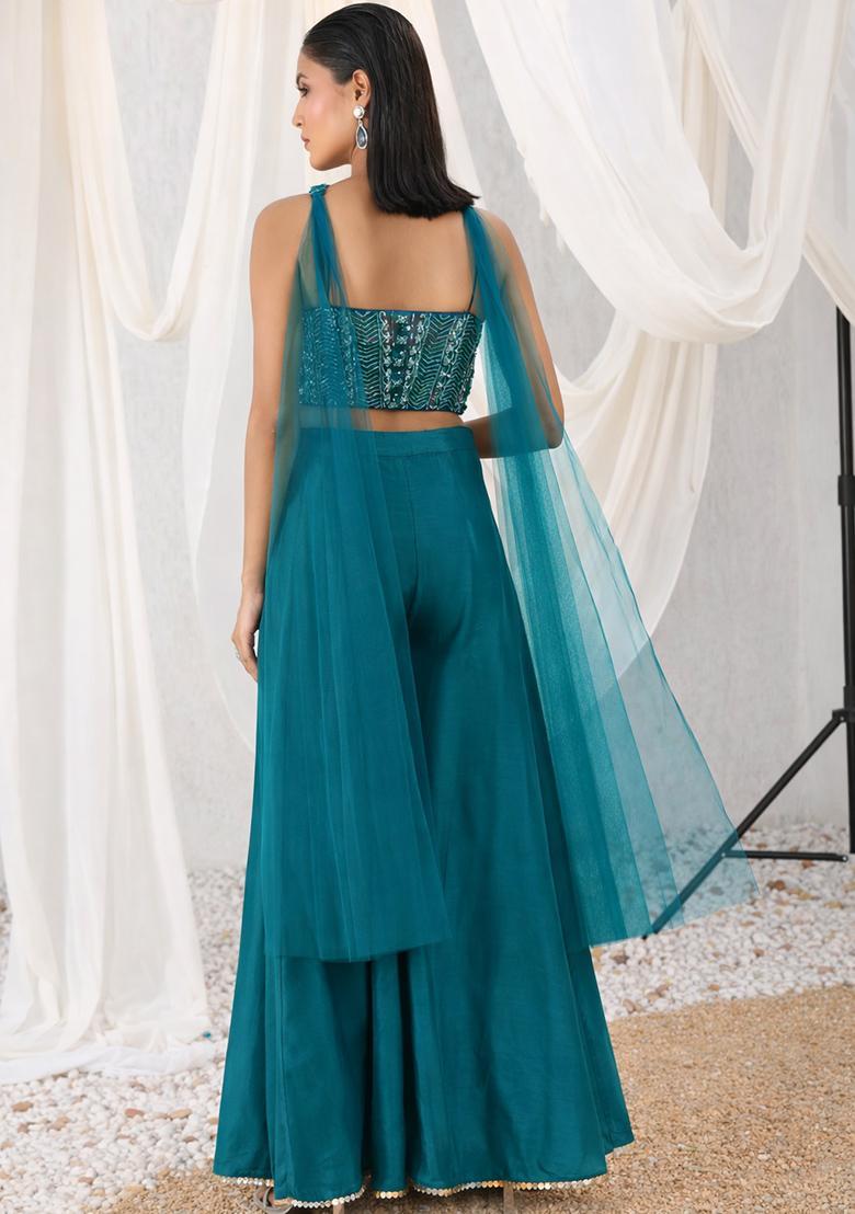 Pacific Blue Crepe Embellished Handwork Fusion Set - Indya