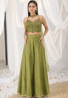 Palm Green Crepe Embellished Handwork Fusion Set