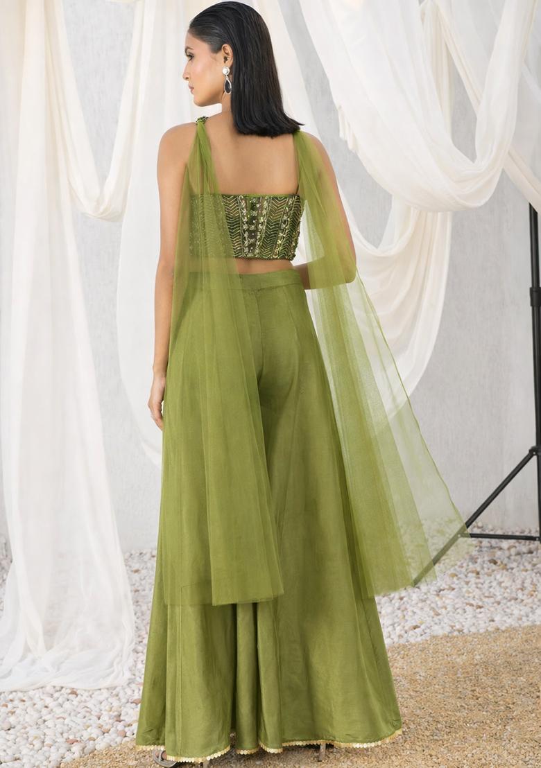 Palm Green Crepe Embellished Handwork Fusion Set - Indya