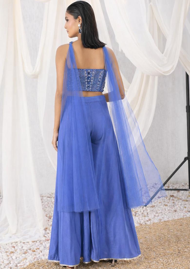 Dusty Blue Crepe Embellished Handwork Fusion Set - Indya