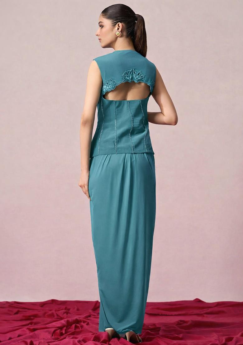 Coastal Blue Crepe Embellished Handwork Fusion Set - Indya