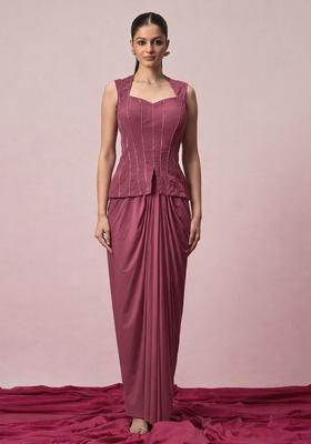 Mauve Brown Crepe Embellished Handwork Fusion Set