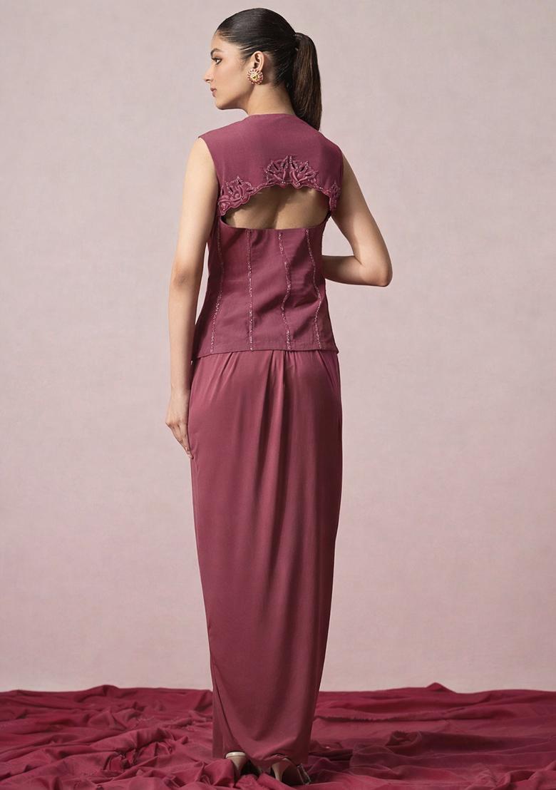 Mauve Brown Crepe Embellished Handwork Fusion Set - Indya