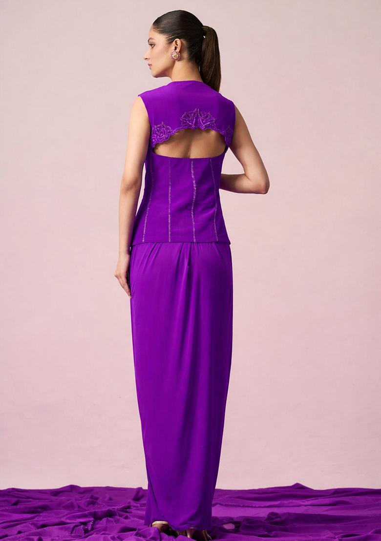 Medium Purple Crepe Embellished Handwork Fusion Set - Indya