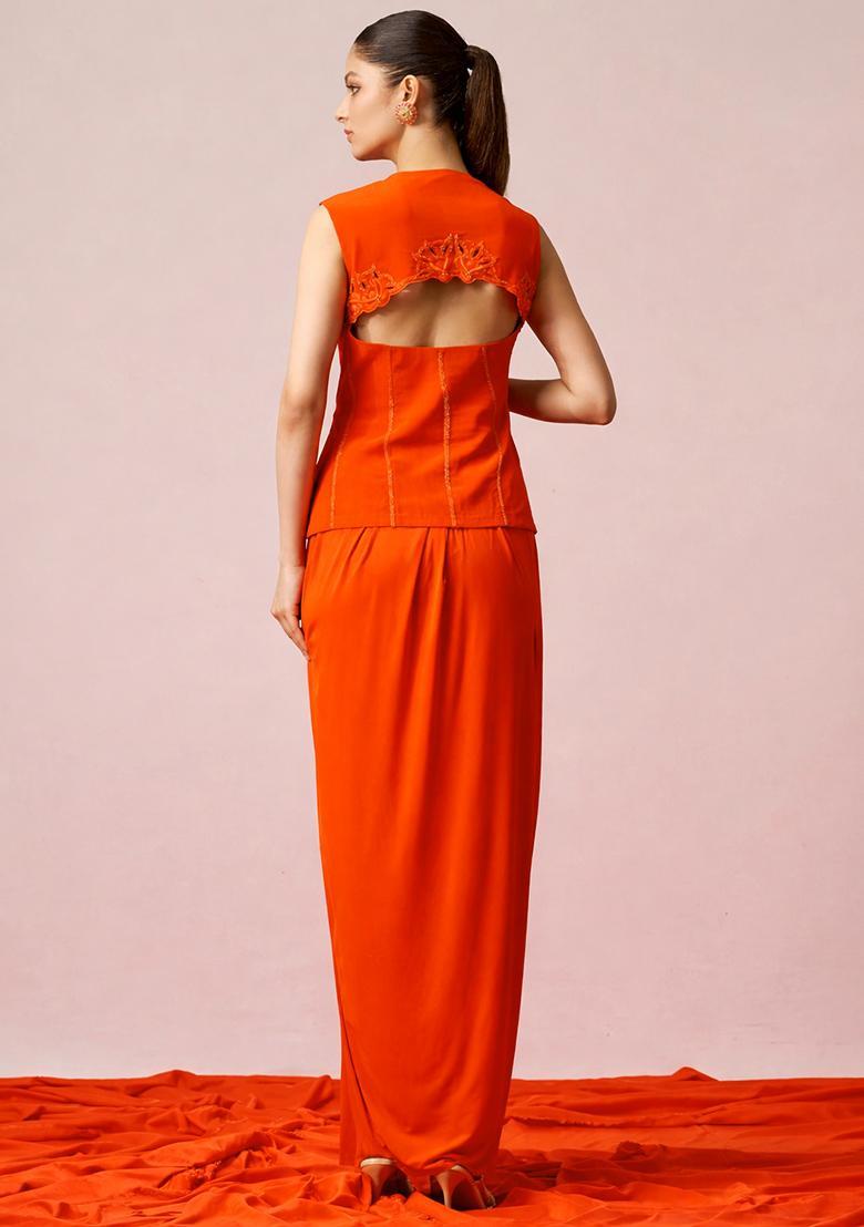 Orange Crepe Embellished Handwork Fusion Set - Indya