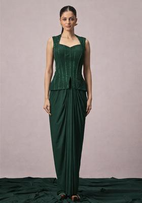 Dark Green Crepe Embellished Handwork Fusion Set