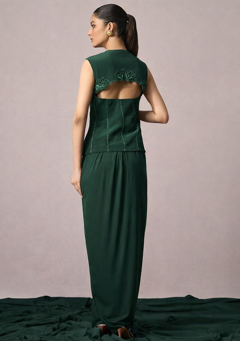 Dark Green Crepe Embellished Handwork Fusion Set - Indya