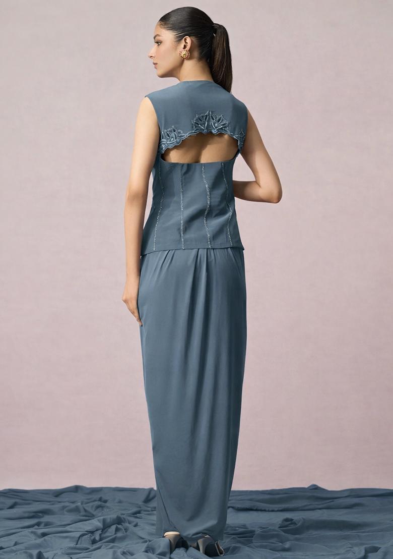 Dark Grey Crepe Embellished Handwork Fusion Set - Indya