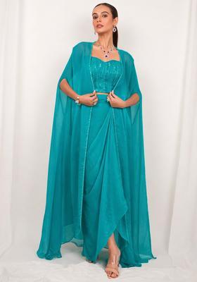 Columbia Blue Silk Blend Embellished Handwork Fusion Set