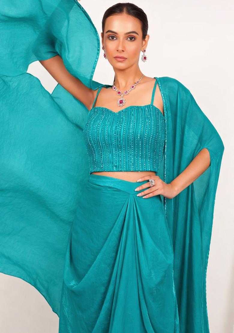 Columbia Blue Silk Blend Embellished Handwork Fusion Set - Indya