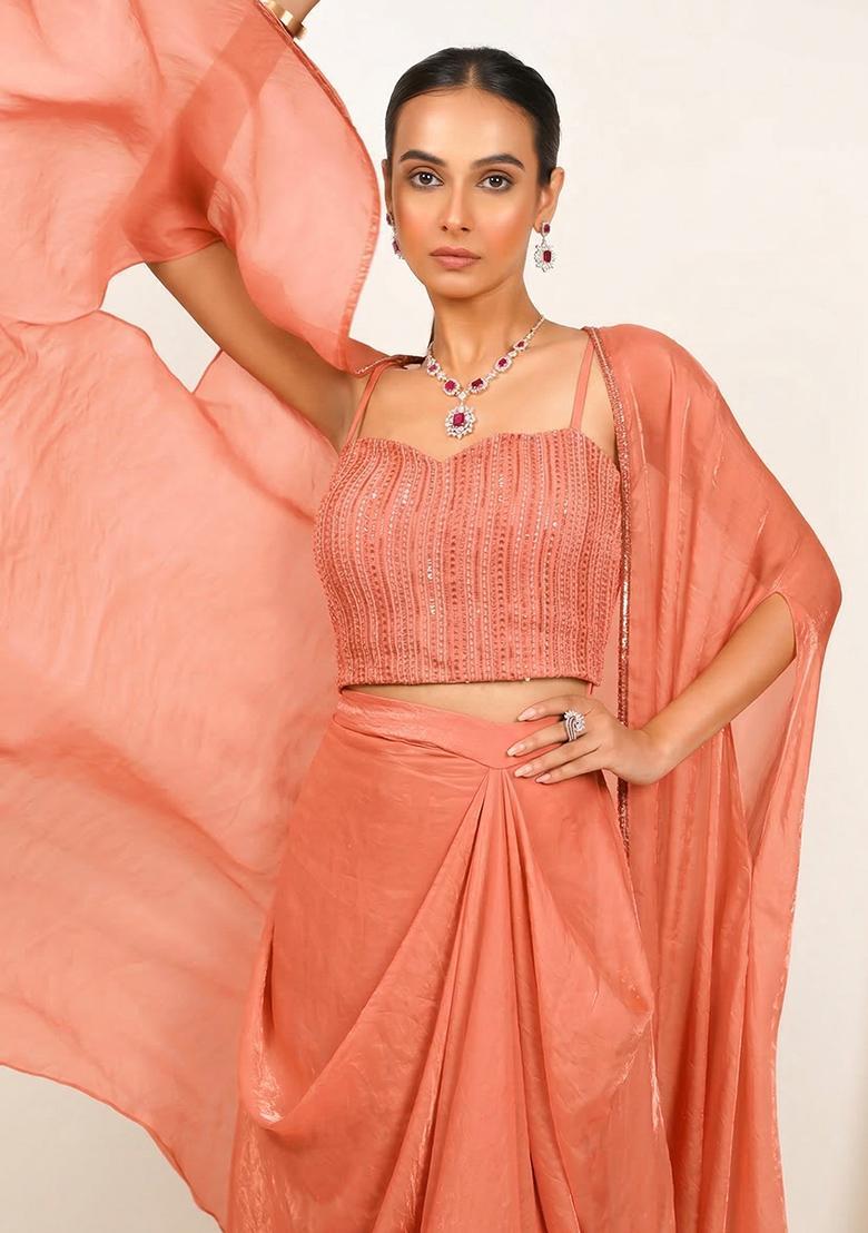 Coral Silk Blend Embellished Handwork Fusion Set - Indya