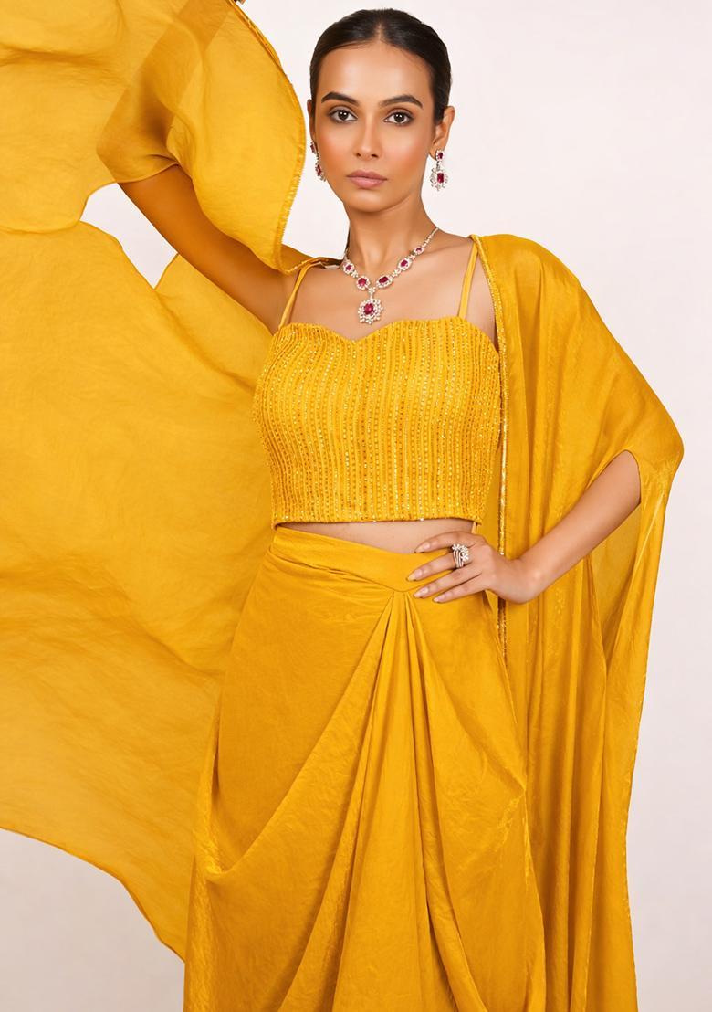 Golden Yellow Silk Blend Embellished Handwork Fusion Set - Indya