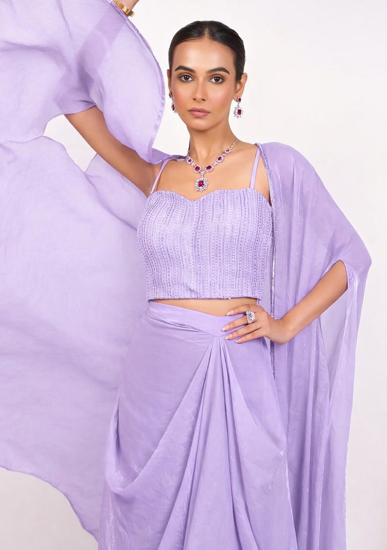 Soft Lilac Silk Blend Embellished Handwork Fusion Set - Indya