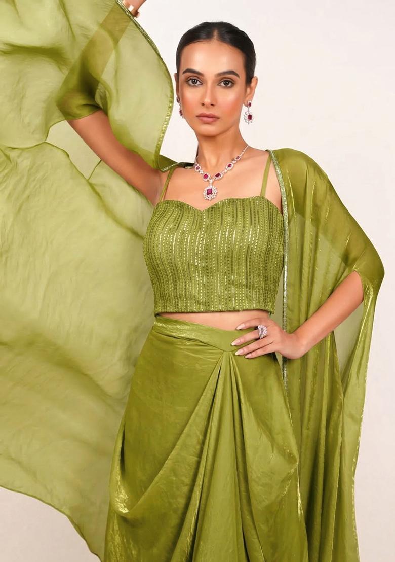 Olive Green Silk Blend Embellished Handwork Fusion Set - Indya