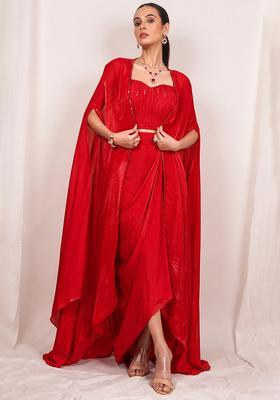 True Red Silk Blend Embellished Handwork Fusion Set