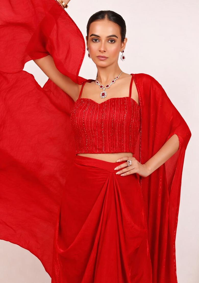 True Red Silk Blend Embellished Handwork Fusion Set - Indya