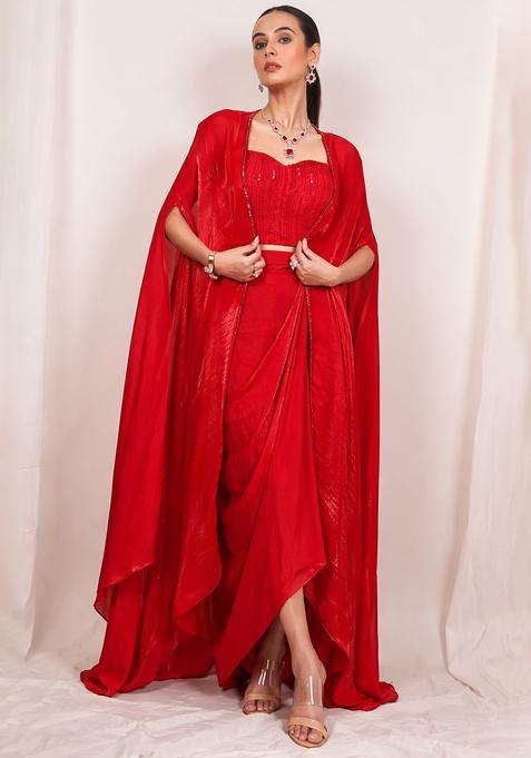 True Red Silk Blend Embellished Handwork Fusion Set