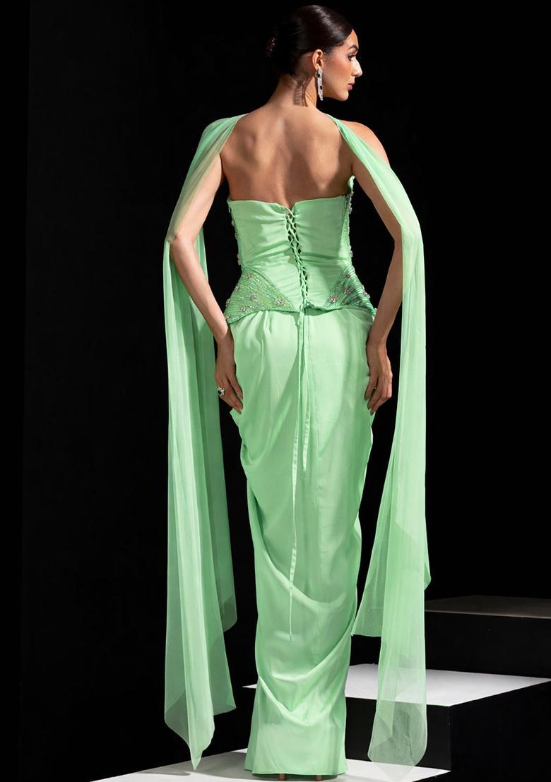 Green Satin Embellished Handwork Fusion Set - Indya