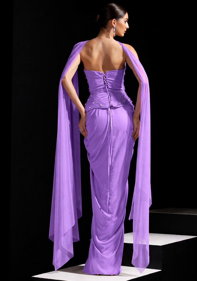 Purple Satin Embellished Handwork Fusion Set - Indya