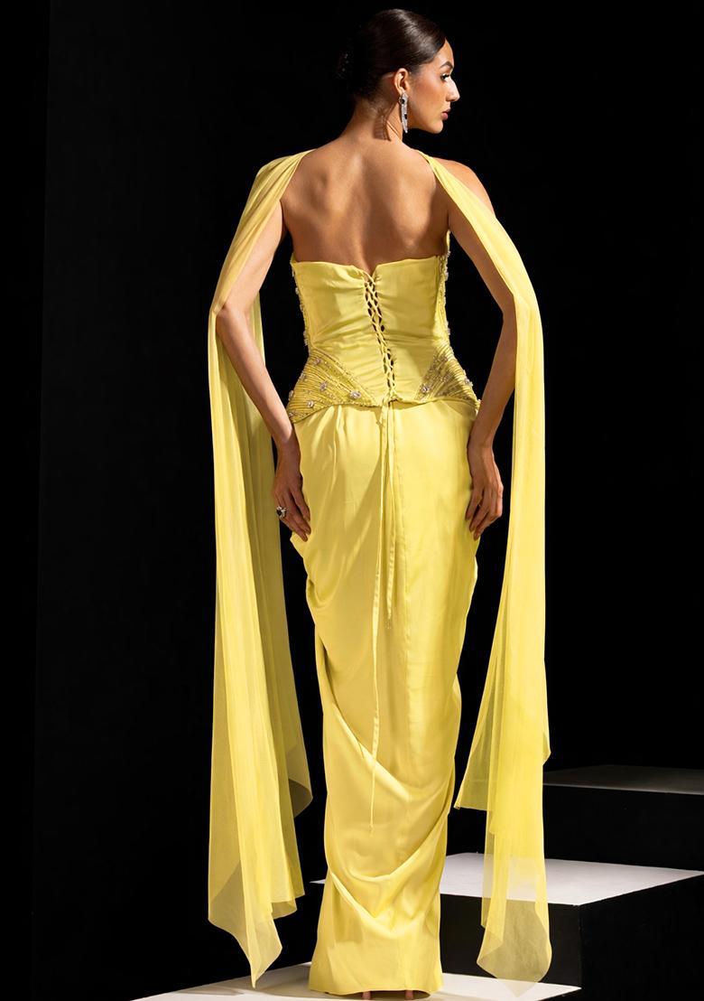 Pale Yellow Satin Embellished Handwork Fusion Set - Indya