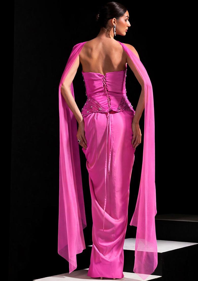 Sugar Plum Satin Embellished Handwork Fusion Set - Indya