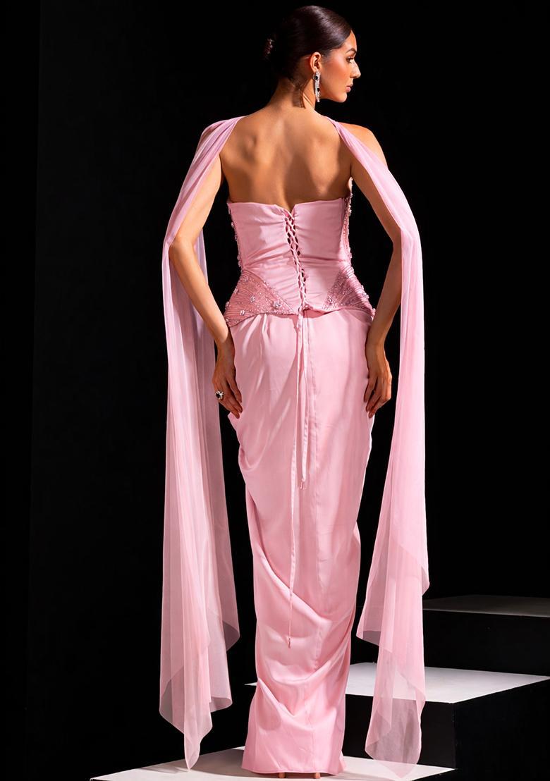 Nude Beige Satin Embellished Handwork Fusion Set - Indya